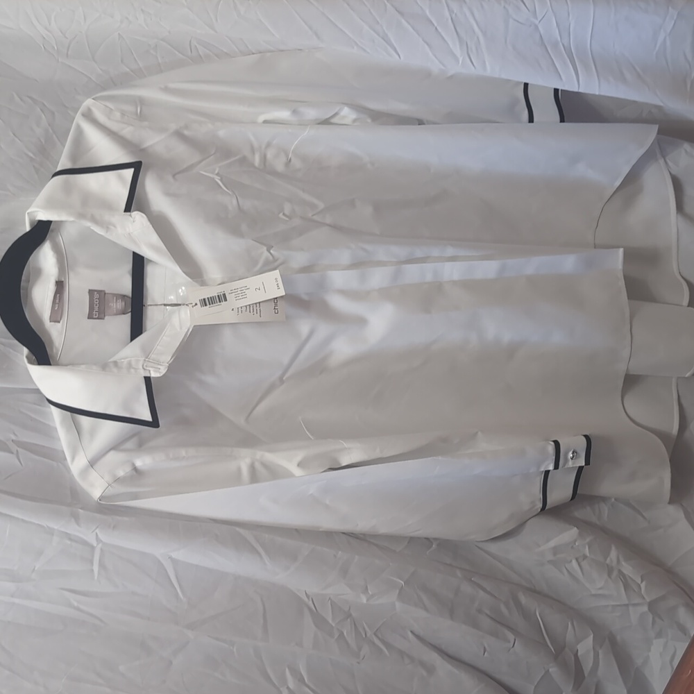 Chico's New with tags no iron white button up shirt with black trim 2